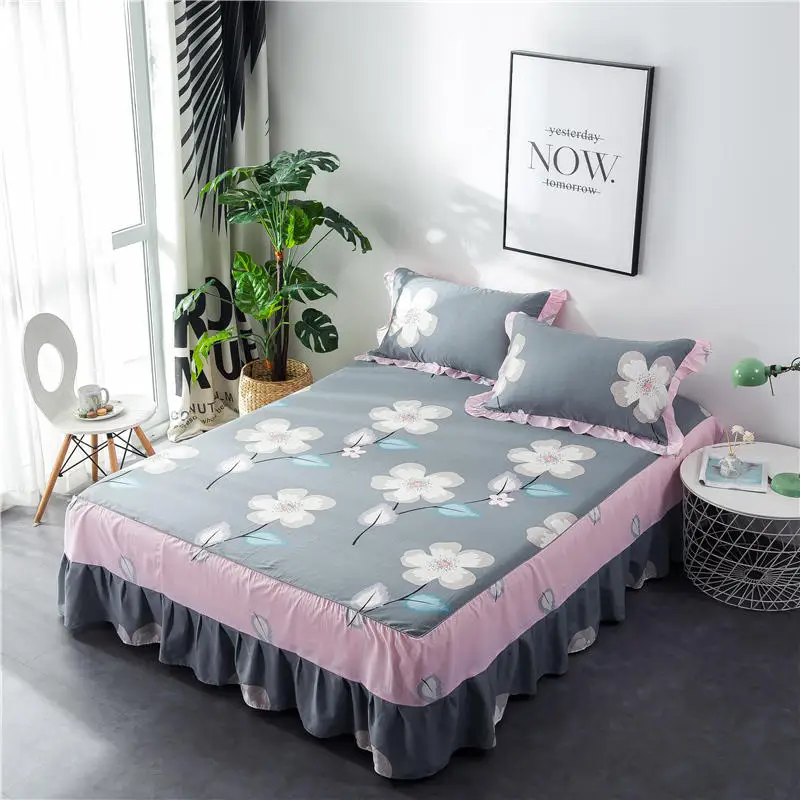 

100% Cotton Bedspread Princess Wedding Fitted Sheet Cover Non-Slip King Queen Bed Skirt Decoration Bed Cover with Elastic Band