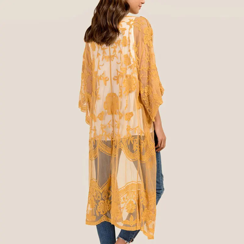 Женское желтое кимоно BOHOFREE открытый халат с вышивкой кардиган защитой от солнца