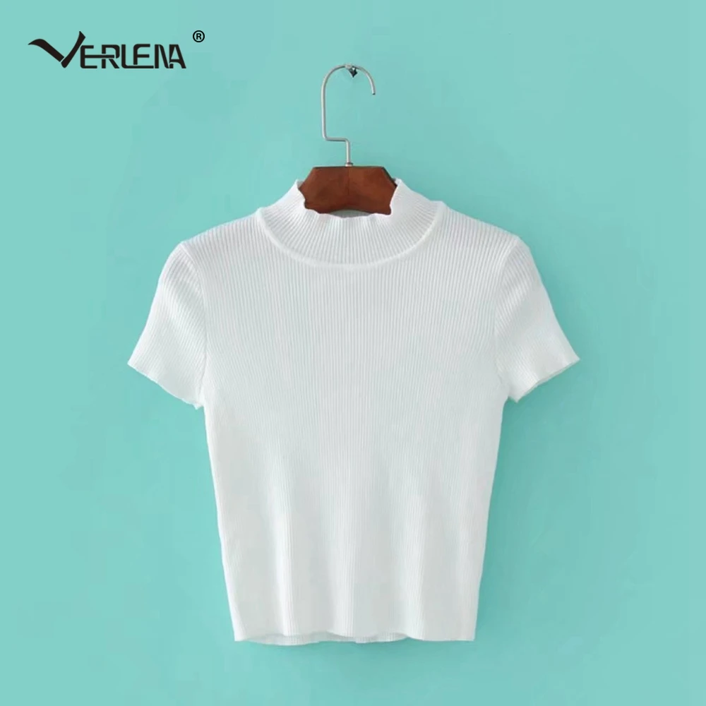 Verlena Cropped Jumper 2019 Solid Black Autumn Sweater Women Pullover Basic Knitwear Turtleneck Short Sleeve Crop Top Sweaters | Женская