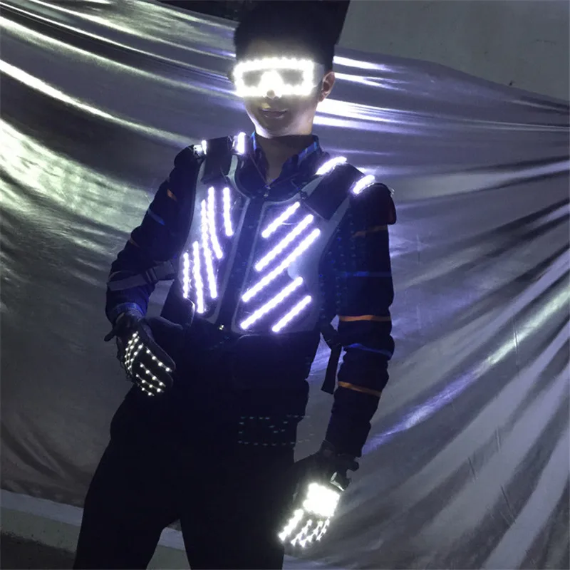 

P76 Bar satge wears led lighted costumes robot men suit dj disco clothe armor vest glowing robot men suit performance clothe led