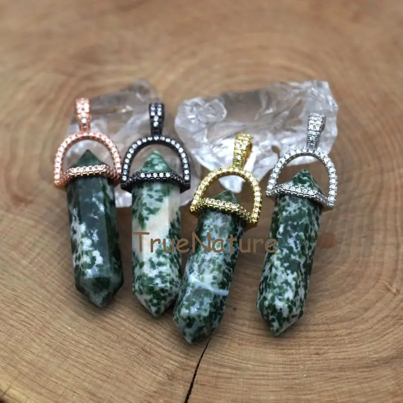 

Natural Tree Agates Points, Double Terminated Hexagonal Columns Charm, Stone Pendant, CZ Paved Pendant In 45*10 mm PM7398