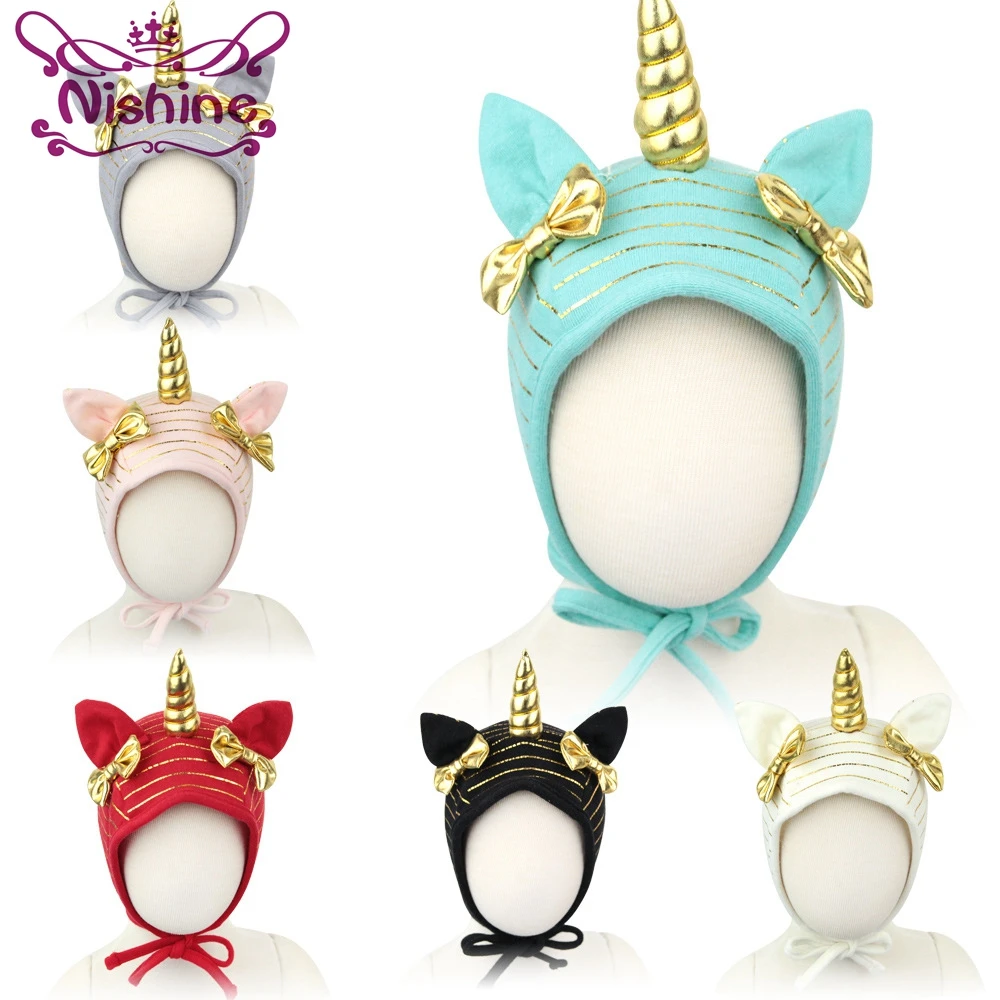 Nishine Gold Unicorn Horn Hat Bow Tie Newborn New Caps Turban Beanie Kids Headwear Photography Props Birthday Gift |