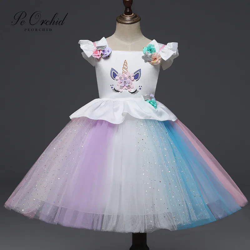 PEORCHID/розовые и синие платья с цветочным узором для девочек платье принцессы