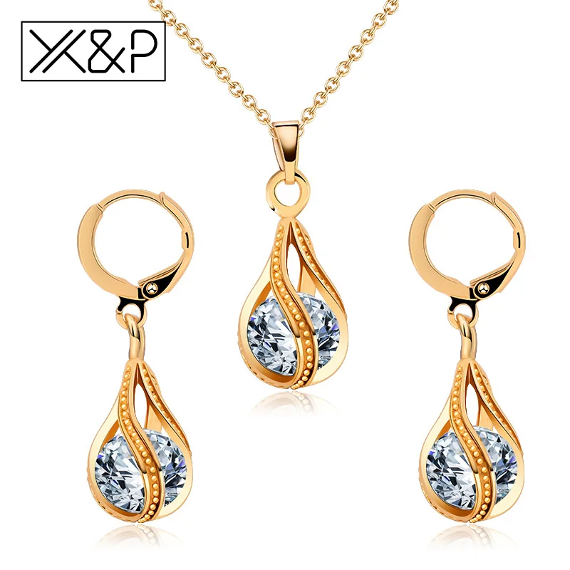 X& P Модный золотой серебряный висячий Кристалл ювелирный набор Классический Блестящий корейский кубический цирконий ожерелье серьги набор ювелирных изделий