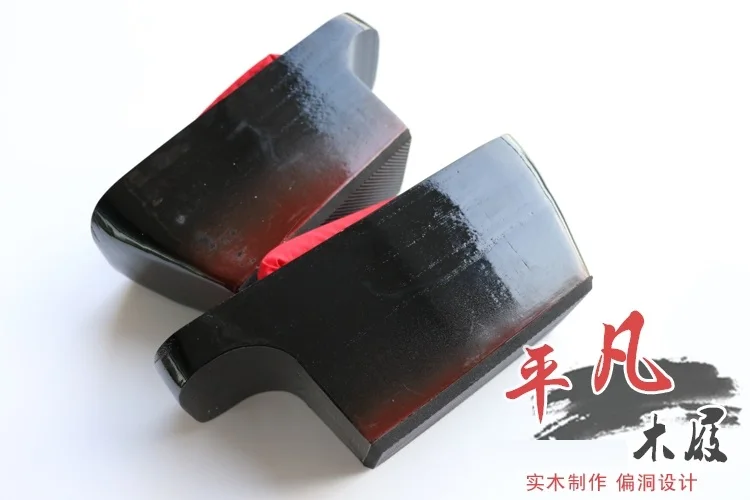 Women Lady Wooden Clogs 11CM Geta Slippers Thick Black Solid Wood Red Stripes Original Japanese Role-play Cosplay | Тематическая