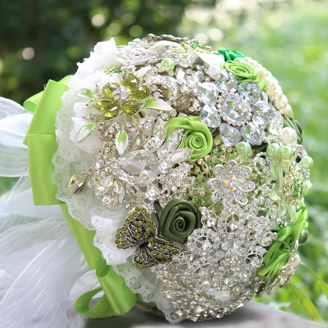 

green & white satin ribbon rose brooch bouquet Brooch bouquet Ribbon rose bouquet kiwi green Crystal wedding brooch bouquet