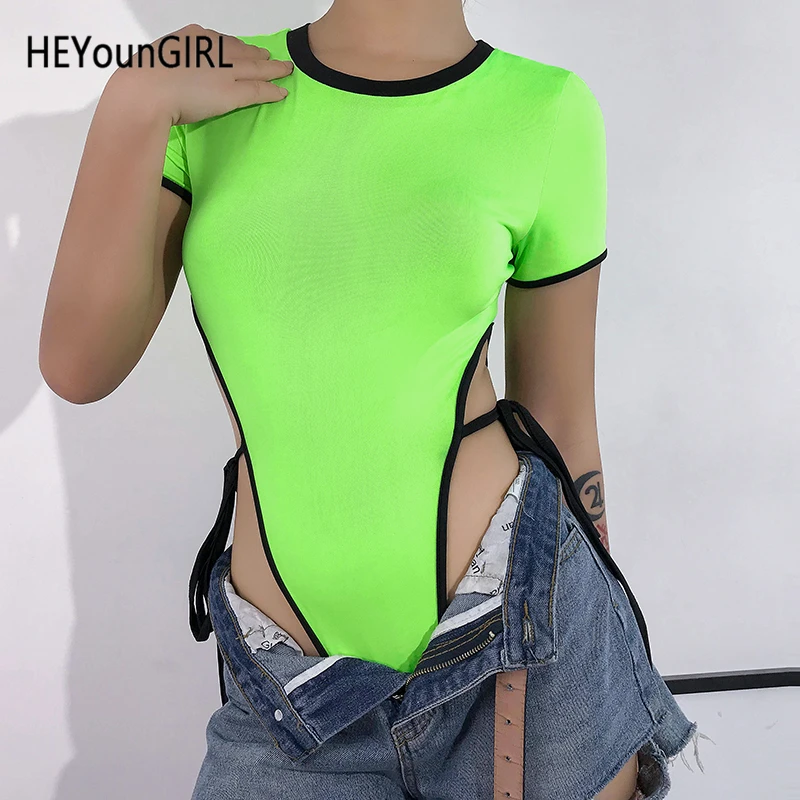 HEYounGIRL, высокая талия, сексуальный костюм в обтяжку, женский, короткий рукав, неоновый, зеленый, женский комбинезон, завязывается, дамские тела, уличная одежда, лето