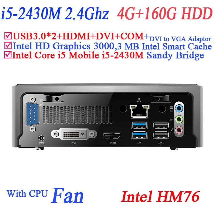 Mini ITX HTPC Игровой Компьютер i5 с Sandy Bridge Intel Core Mobile i5-2430M 4 Г RAM 160 HDD DVI HDMI COM USB 3.0 |