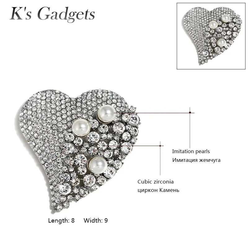 K гаджетов Винтаж Большой Имитация жемчуга со стразами Сердце Брошь для свадьбы
