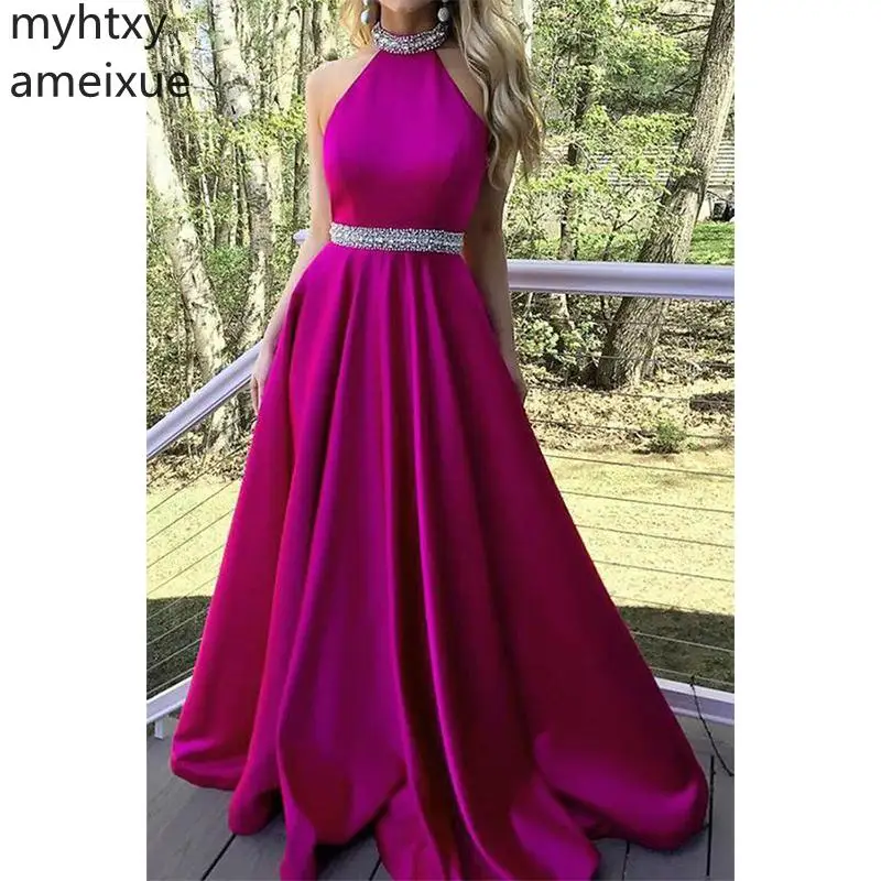 2021 New Pink Sexy Cheap Plus Size Evening Dress Fashion Halter Beadings Satin Long Prom Gowns Custom Made Robe De Soiree | Свадьбы и