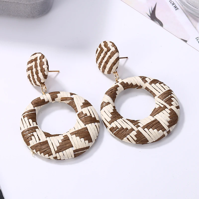 Индивидуальные деревянные вязаные висячие серьги из ротанга женские модные