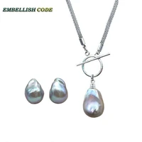 new color gray grey baroque pearl net chain necklace pendant stud earring nucleated flameball freshwater natural pearls women