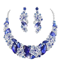 royal blue color statement necklace earrings set bridal wedding jewelry set for women party rhinestone jewelry accessories
