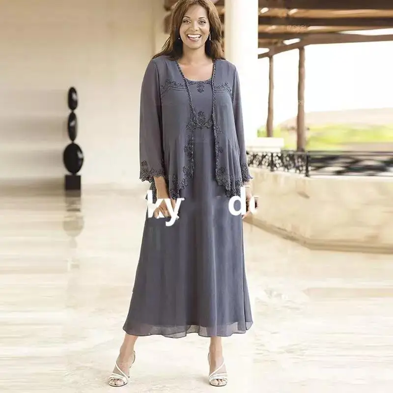 Размера плюс жениха Вечерние платья Чай Длина 2019 Серый шифон платье для матери