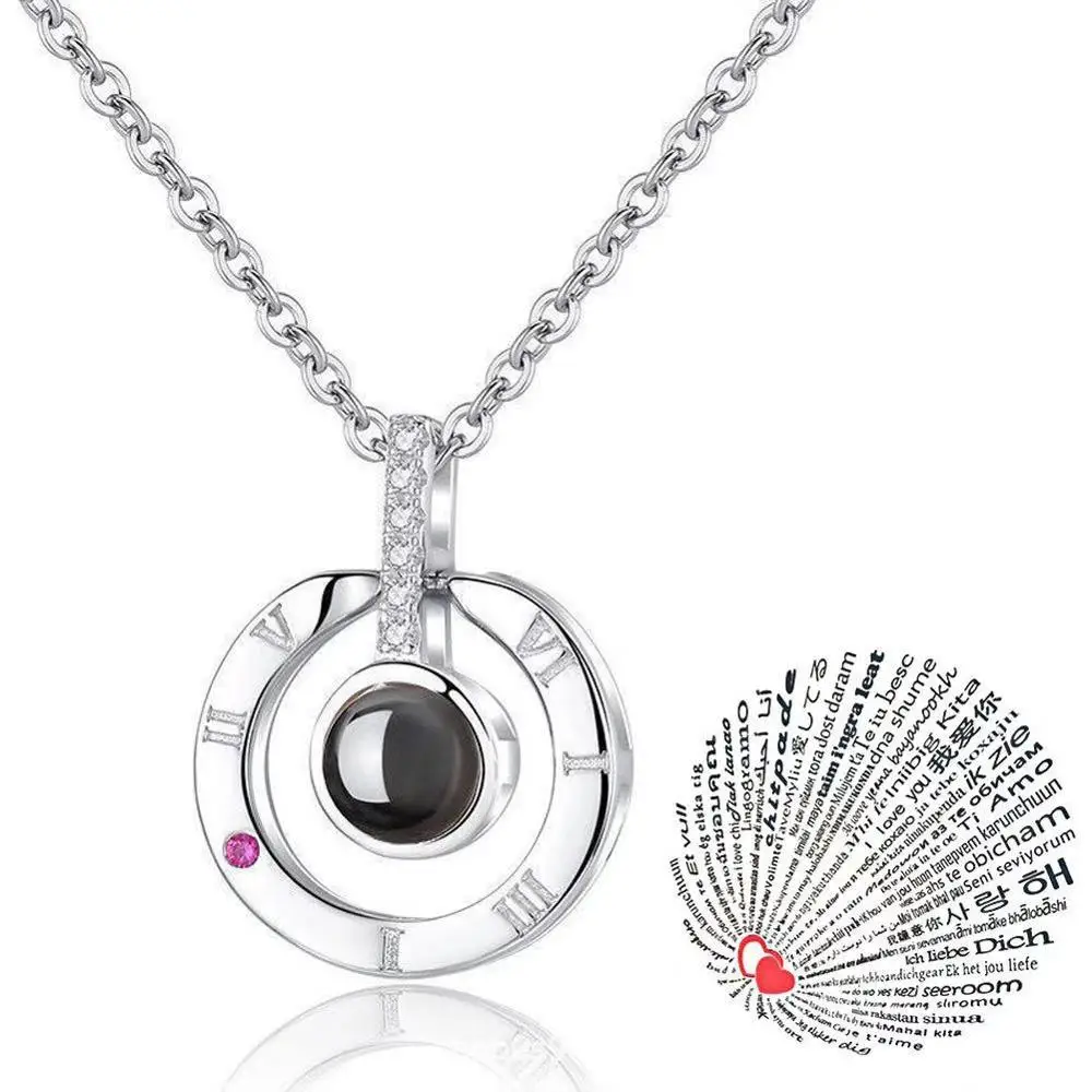 Round Silver Подарок на день Святого Валентина, 100 языков, надпись «I love You», проекционное сердце, ожерелье, рождественский подарок для подружки, подарок на помолвку - Цвет: Round Silver