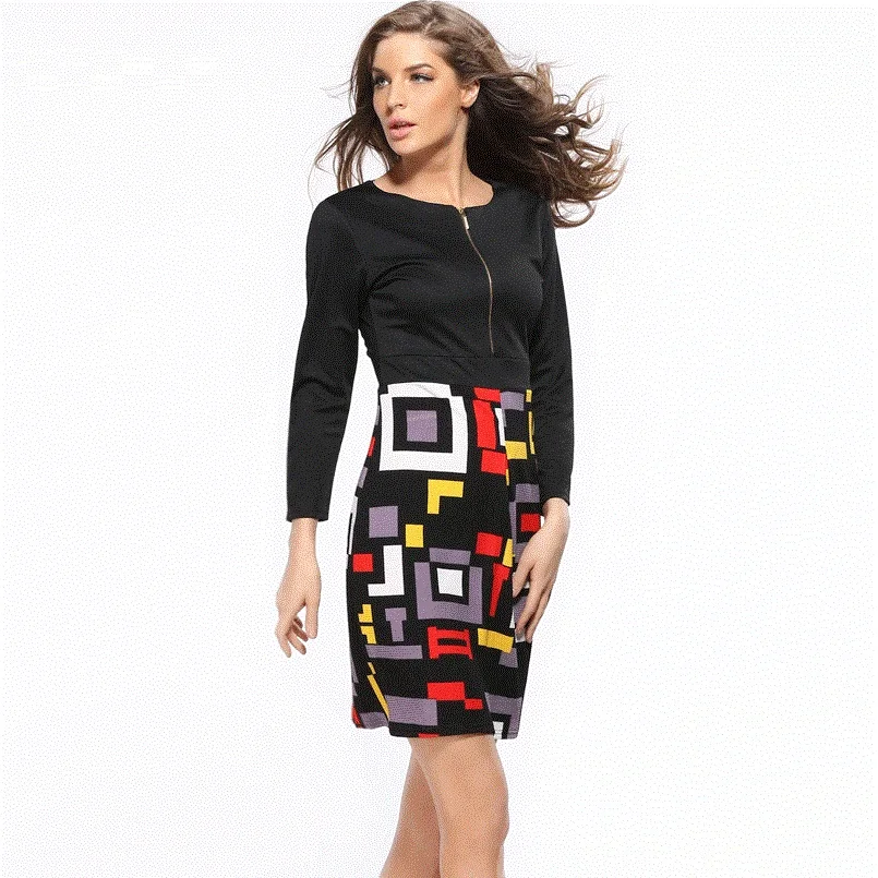 Женское офисное платье в стиле пэчворк осенние черные платья большого размера 2019
