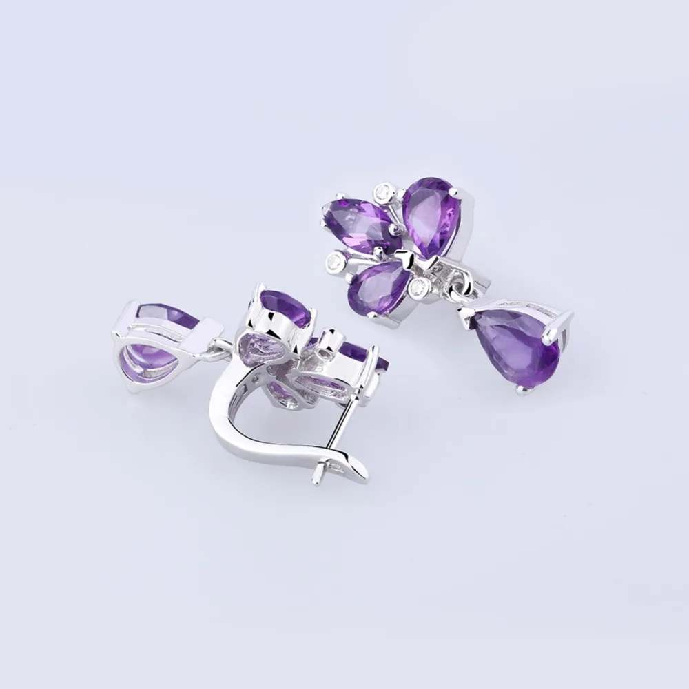 Серьги подвески женские из серебра 925 пробы с натуральным фиолетовым аметистом
