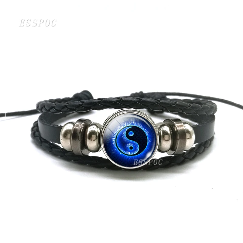 Браслет Yin Yang восемь триграмм Тай Чи стеклянный кабошон черный кожаный браслет