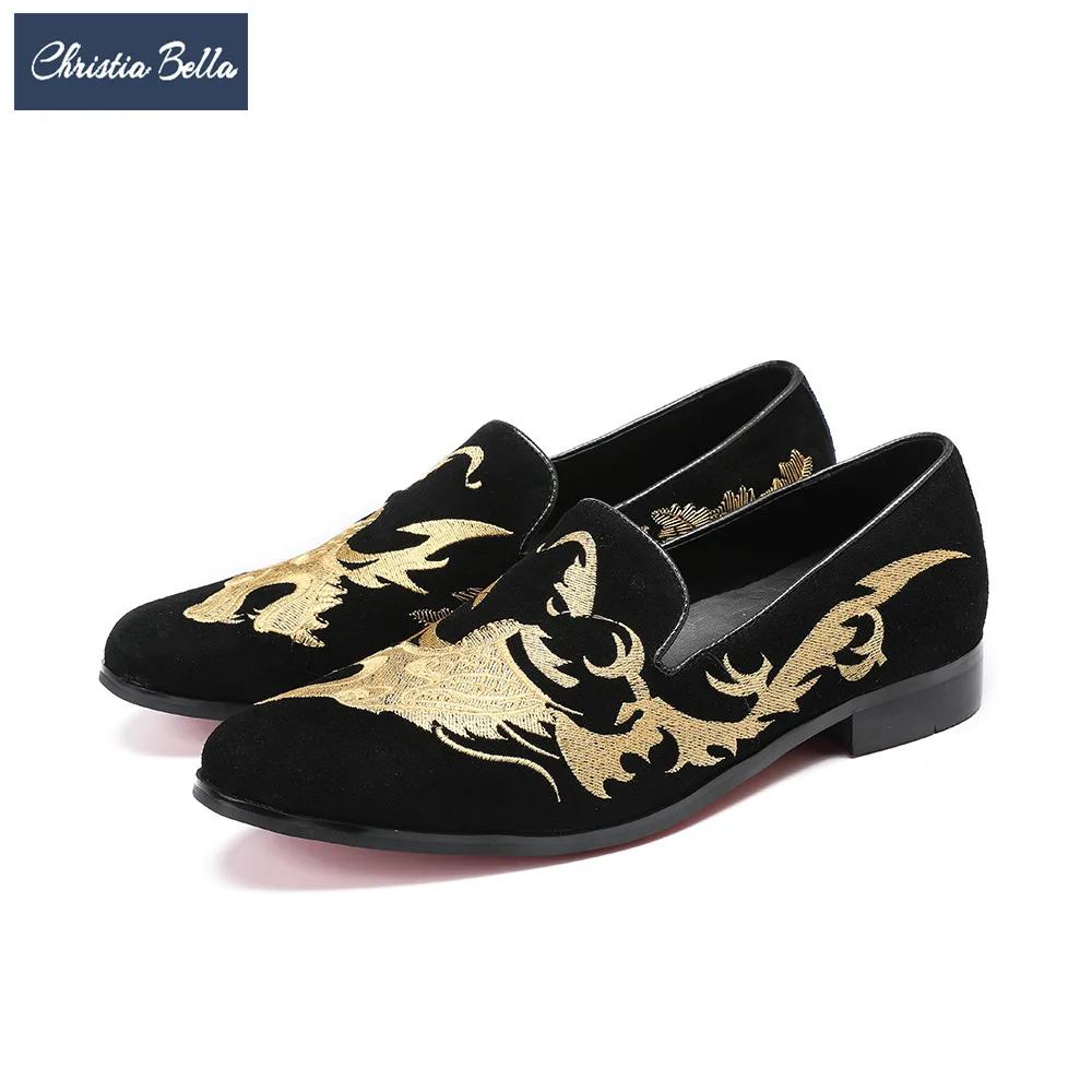 

Christia Bella Vintage Gold Embroidery Men Loafers Fashion Party Prom Men Dress Shoes Slip on Flats Plus Size Smoking Slippers