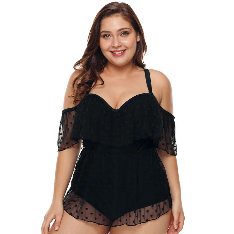 Черный цельный купальный костюм с открытыми плечами юбкой сексуальный размер