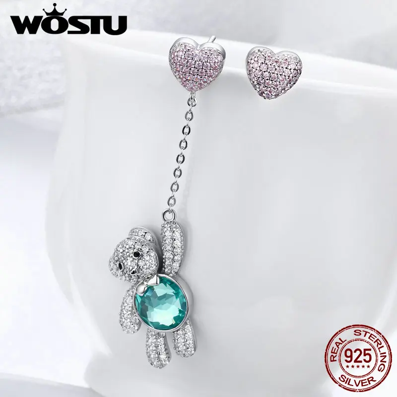WOSTU Роскошные 925 пробы серебряные ослепительные серьги-гвоздики в виде медведя и сердца для женщин и девушек, бренд, хорошее ювелирное изделие, подарок CQE388