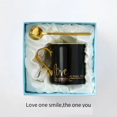 Black Gift box OUSSIRRO, Золотая рукоятка, натуральный мрамор, фарфоровая кофейная кружка Mr and Mrs, Подарочная коробка, чашка для чая, молока, креативный подарок на свадьбу, годовщину - Цвет: Black Gift box