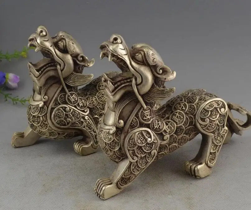

Китайская Серебряная скульптура, медная статуя фэн-шуй, собака, Лев, Килин, пара