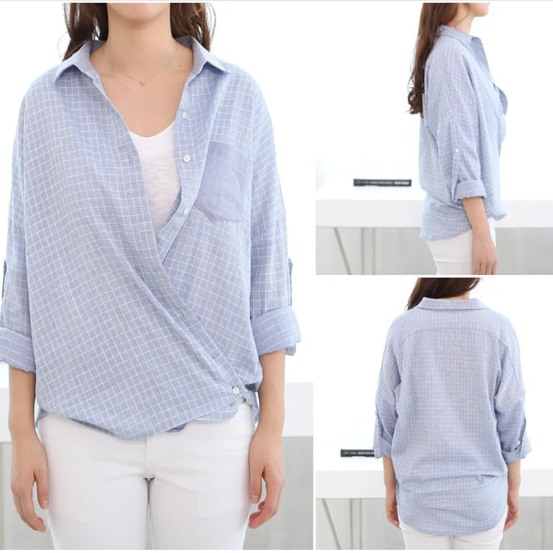 

Family Full Sleeve Shirts Mommy Dad Kids Matching Clothes Sky Blue Plaid Lapel Cotton Blouse Comfortable Family Look