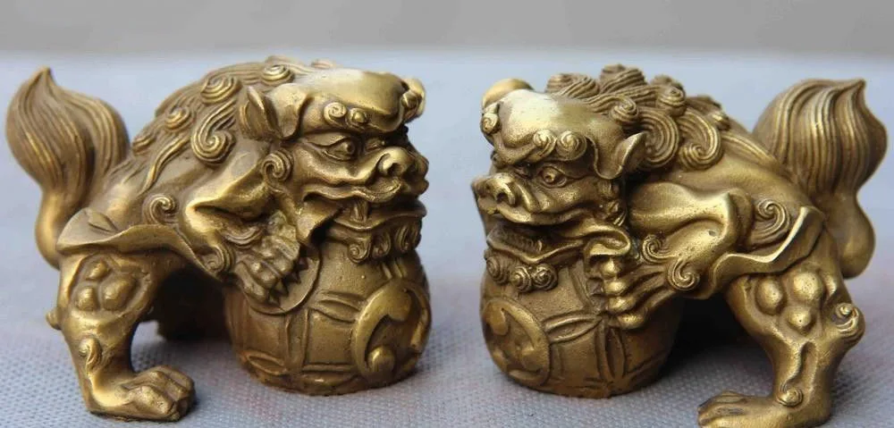 Chinese Fengshui Animal Copper Brass Foo Dog Lion Kylin Unicorn Play Ball Statue | Statues &amp Sculptures