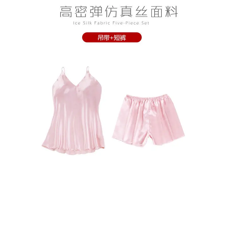 pink E Бордовые пижамы для женщин, сексуальные кружевные пижамы, атласные пижамы с шортами, 5 предметов, пижамы, костюмы, повседневная домашняя одежда - Цвет: pink E