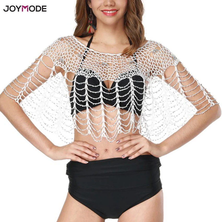 

Сексуальная Пляжная накидка JOYMODE, сетчатые топы, женская пляжная одежда с кисточками, купальный костюм с блестками, купальный костюм, сетчат...