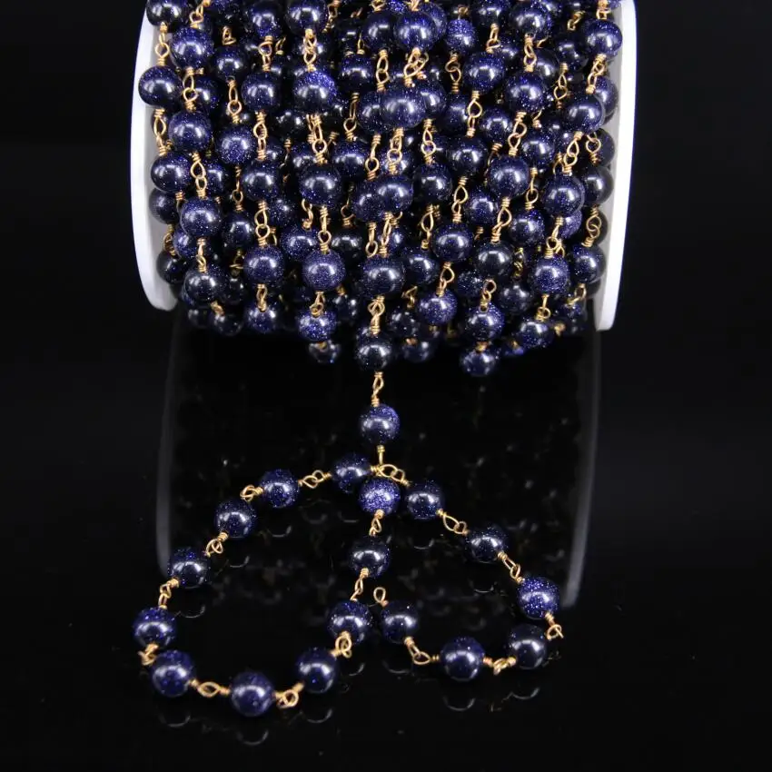 Оптовая продажа цепочка с голубым золотым камнем 8 мм Гладкая круглая бусина