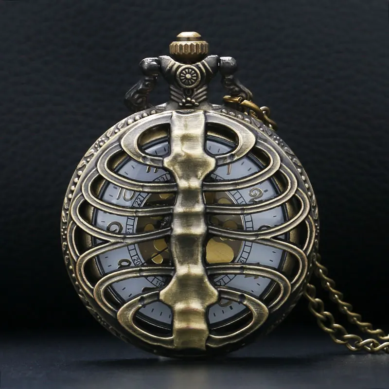 

Retro Steampunk Bronze Spine Ribs Hollow Quartz Pocket Watch Necklace Pendant Chain Women Mens Gift