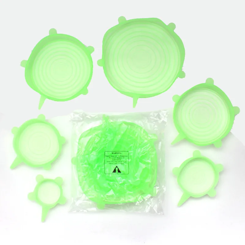 Green silicone lid 6 шт многоразовые силиконовые растягивающиеся свежие крышки для пищевых продуктов растягивающиеся свежие колпачки для кухонных аксессуаров Высокое качество крышки для пищевых продуктов - Цвет: Green silicone lid