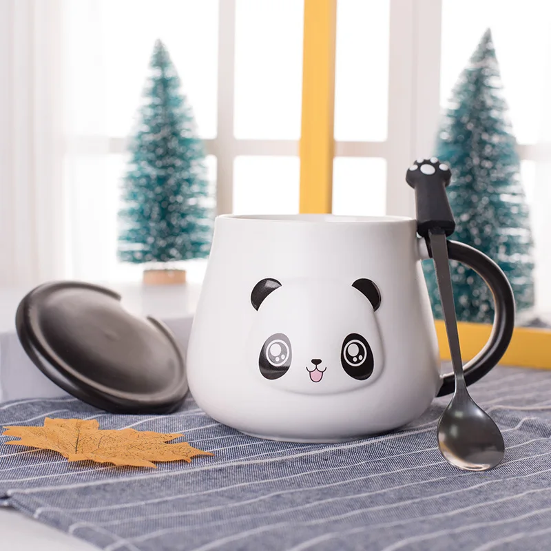 Cute Cartoon Panda Cup with Lid Spoon Home Office Coffee Mugs Chinese Milk Breakfast Kids Cups Christmas Gifts | Дом и сад