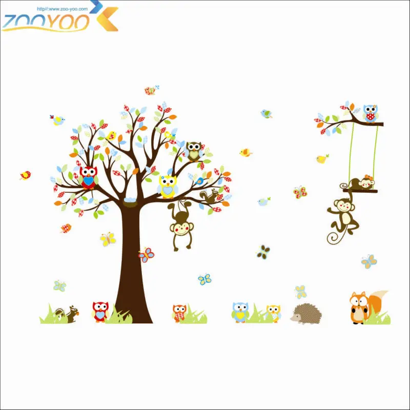 

150*234 cm Cute monkeys Owls playing on trees wall stickers for kids rooms removable pvc wall decal for kids rooms ZYPA-1212