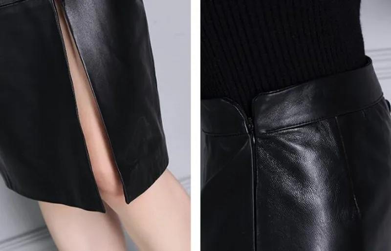 Осенняя женская Юбка До Колена со шнуровкой спереди, дизайнерская черная сексуальная юбка с разрезом, юбка с высокой талией из натуральной кожи для женщин