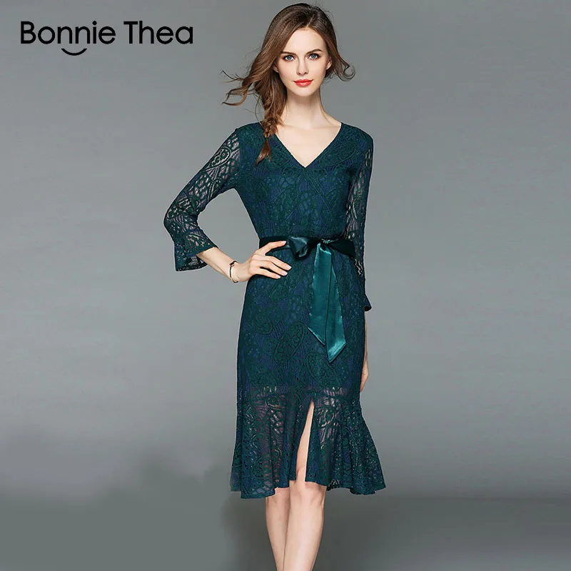 Bonnie Thea женское однотонное кружевное осеннее платье русалки 2018 зеленое