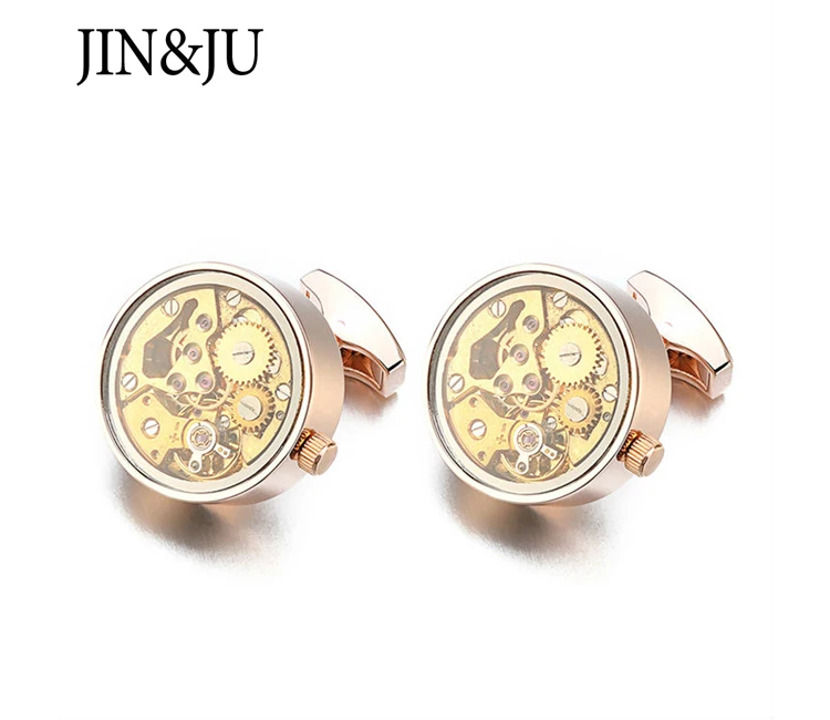 JIN& JU Горячая золотая запонка с часовым механизмом со стеклом из нержавеющей стали стимпанковый механизм часы механизм запонки для мужчин