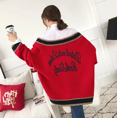 New 2020 Autumn Women Sweater Loose British Wind Badge Stitching Ladies V-neck Knit Cardigan Female SW810 |