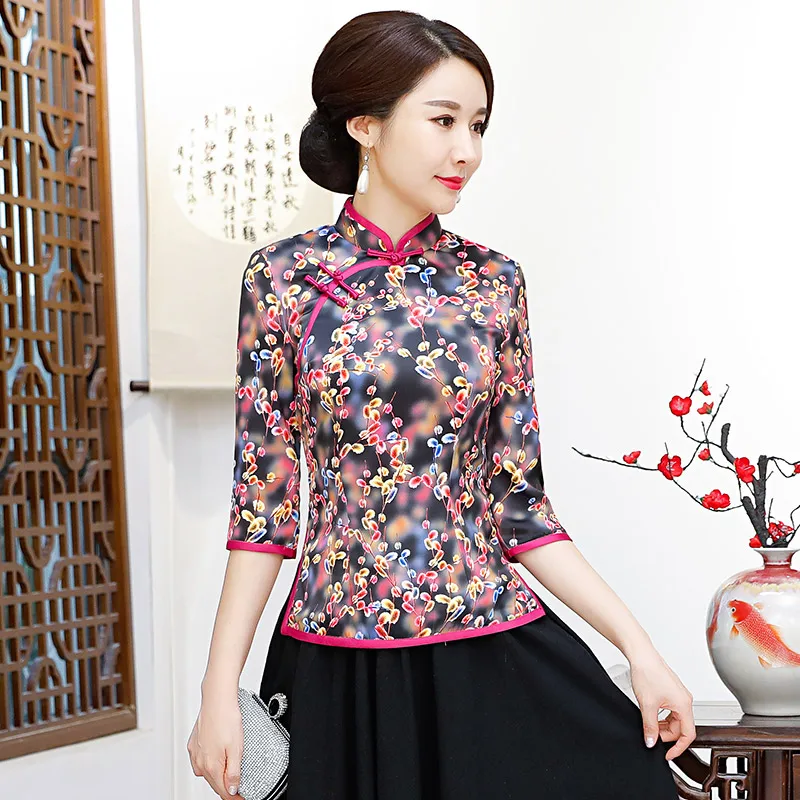 2018 Fashion Chinese style Shirt Womens Mandarin Collar Blouse Lady Clothing cheongsam Summer Short Qipao Dress Plus Size S-4XL
