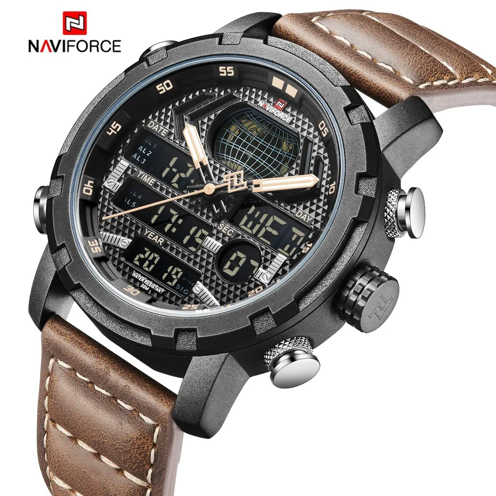 Часы NAVIFORCE мужские спортивные водонепроницаемые с кожаным ремешком 30 м двойной