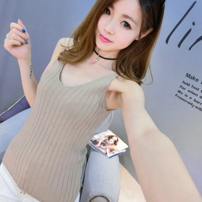 Высокое качество Новые летние трикотажные топы с бретельками для женщин камзол