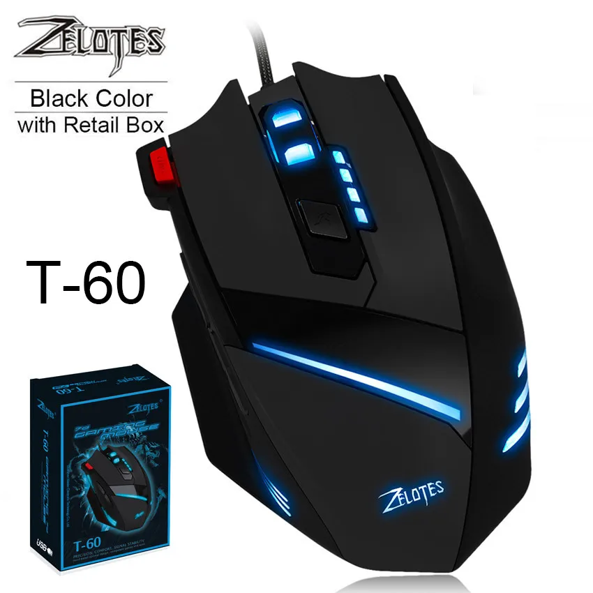 T60 with Retail Box ZELOTES T-60, профессиональная Проводная игровая мышь, 7 кнопок, 3200 dpi, 4 цвета, светодиодный светильник, оптическая USB компьютерная геймерская мышь для ПК и ноутбука - Цвет: T60 with Retail Box