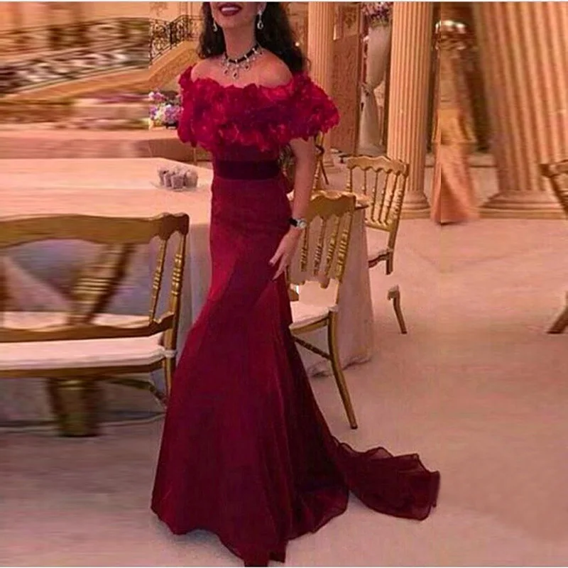 Арабский бургундия пром платья 2016 с рюшами рукава русалка вечернее платье off the