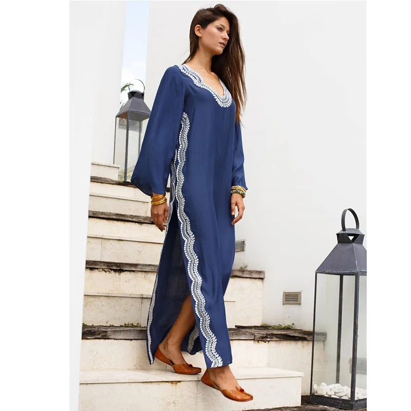 Casual Female Dresses Embroidered Split fork Loose Maxi For Women Beach Wear large size blouse Dress Beachwear Kaftans | Женская одежда