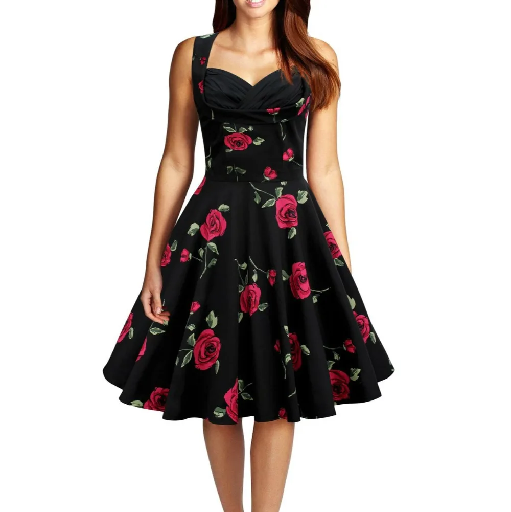 2017 Одри Хепберн стиль старинный О образным вырезом без рукавов печать бальное