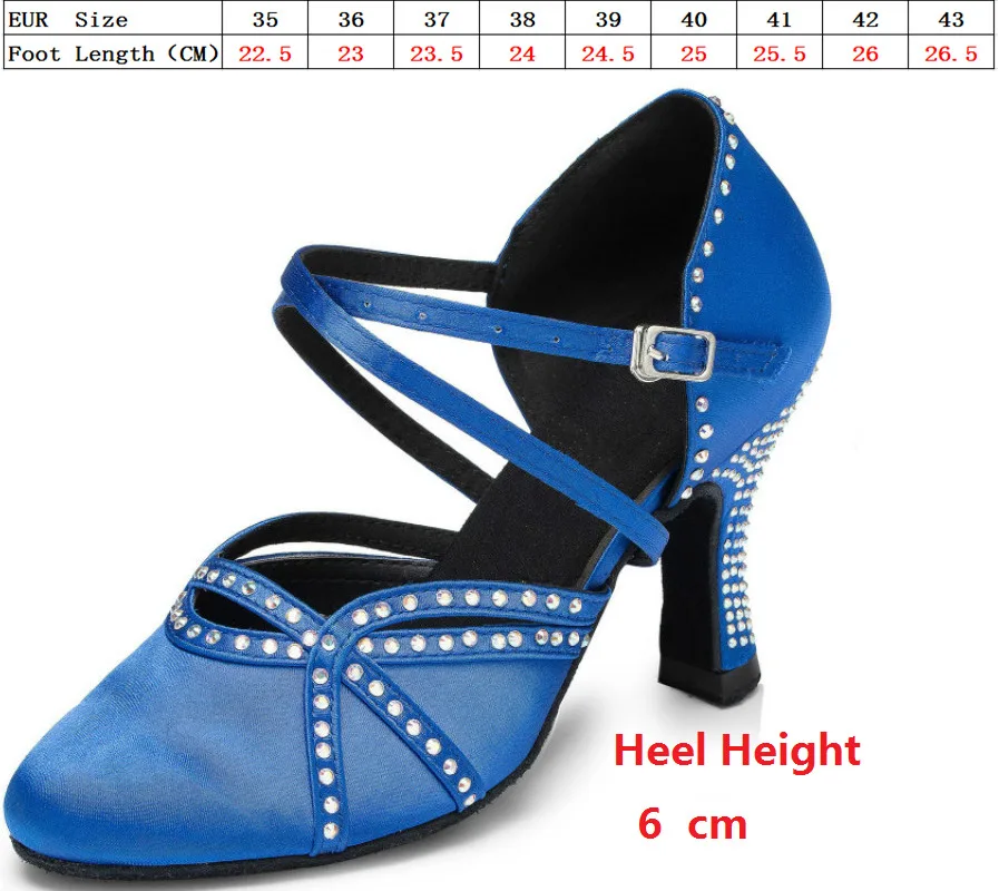 Blue 6 cm Новые стильные женские атласные туфли для латинских танцев со стразами синего и черного цвета вечерние танцевальные туфли для танго сальсы с закрытым носком - Цвет: Blue 6 cm