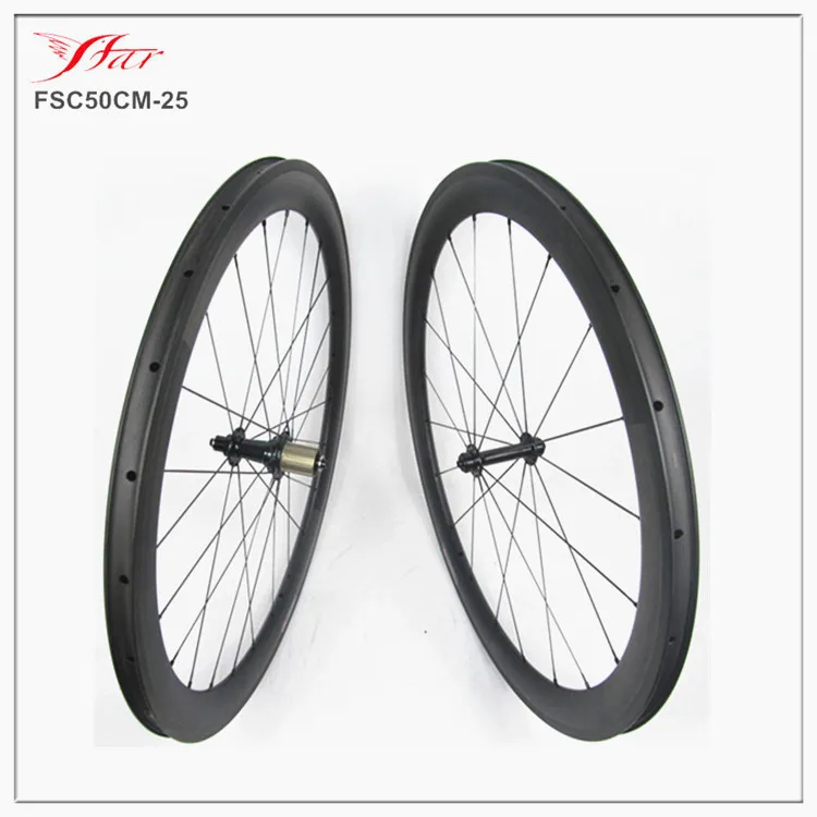 

Farsports carbon clincher wheels 50mm x 25mm wide clincher rims built with Sapim cx-ray spokes, High Temp resin braking track