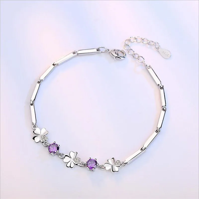 

TJP Top Quality 925 Silver Girl Bracelets Anklets Fashion Women Purple Crystal Bracelets Accessories Cute Clover Lady Wedding